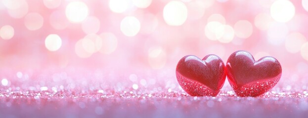 Wall Mural - Two red hearts on a pink glittery background with blurred bokeh lights for a Valentine's Day banner template. Love concept, romantic wallpaper, greeting card design