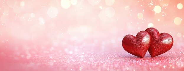 Wall Mural - Two red hearts on a pink glittery background with bokeh lights, creating a romantic concept for a Valentine's Day banner