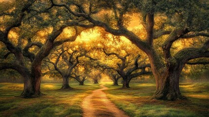 Aufkleber - Sunlit path through majestic oak trees at golden hour.