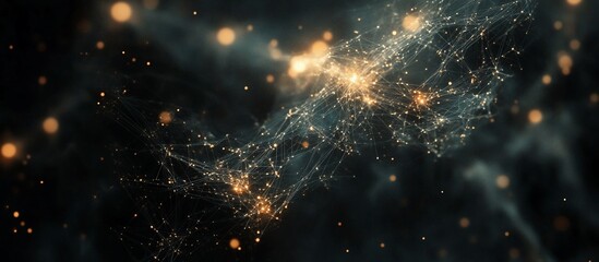 Abstract network of glowing particles in dark space.