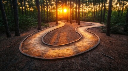 Aufkleber - Winding path through pine forest at sunset.