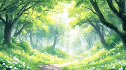 Poster - Sunbeams illuminate a path through a lush, green forest with wildflowers.