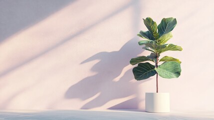 Aufkleber - A fiddle leaf fig plant in a white pot sits against a pink wall, bathed in sunlight.