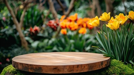 Poster - Empty wooden round table in lush garden with yellow and orange tulips.