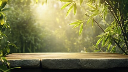 Aufkleber - Wooden table with stone base in sunlit bamboo forest.