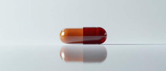 Two-toned capsule on a reflective surface.