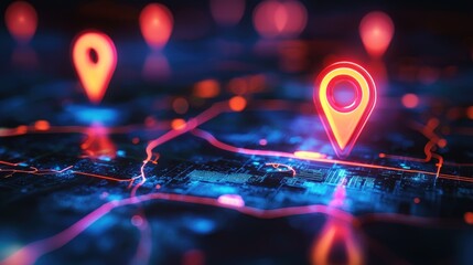 Wall Mural - neon glowing location pin on futuristic digital map