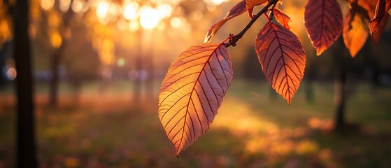 Wall Mural - Autumn leaves glowing in sunset light.