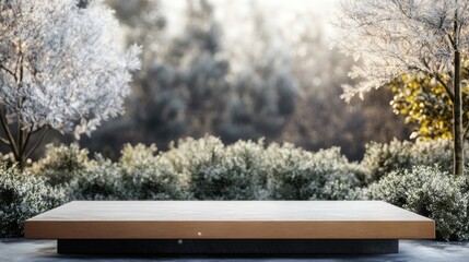 Aufkleber - Empty wooden platform in a frosty winter park.
