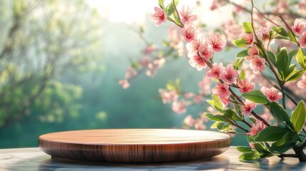 Aufkleber - Wooden display platform with blooming peach branches and blurred spring background.