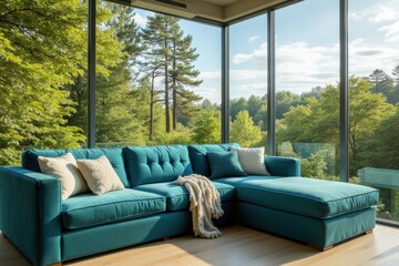 Wall Mural - Modern turquoise sofa in bright airy living room with nature view