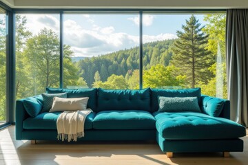 Wall Mural - Cozy Modern Living Room with Bright Green Landscape View