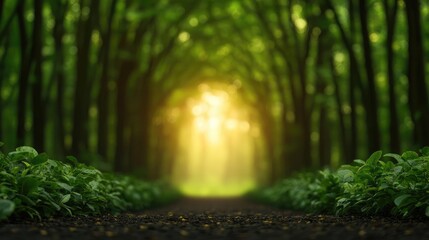 Poster - Mystical biodiversity idea. A serene forest pathway illuminated by soft sunlight, surrounded by vibrant greenery.