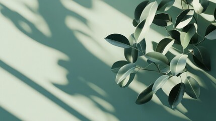 Poster - Lush green leaves cast shadows on a sage green background.