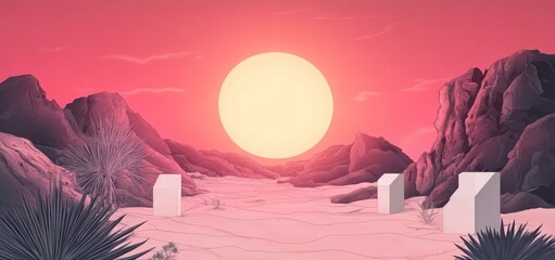 Poster - Surreal desert sunset landscape with minimalist geometric shapes.