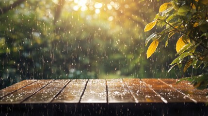 Poster - Wet wooden table in rainy garden scene with bokeh background.