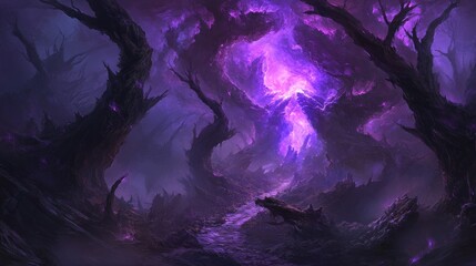 Poster - Eerie purple forest with glowing center and dark trees.