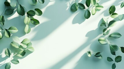 Aufkleber - Flat lay of green leaves with shadow on pastel background.