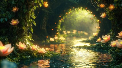 Wall Mural - Mystical biodiversity idea. A serene waterway adorned with glowing lotus flowers, creating a tranquil atmosphere.