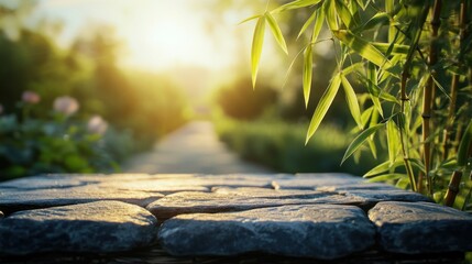 Aufkleber - Sunlit stone pathway in a tranquil garden with bamboo.