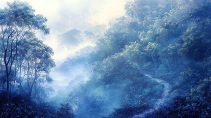 Fototapete - Misty blue forest path winding through dense trees and mountains.