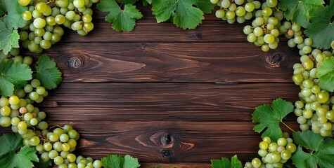 Sticker - Green grapes and vine leaves frame on rustic brown wood background.