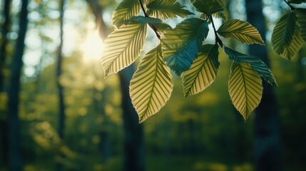 Poster - Sunlight filtering through vibrant green leaves in a forest.