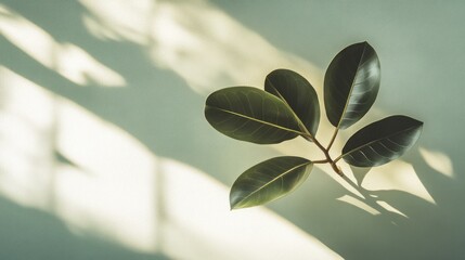 Poster - Green leaves branch with sunlight shadows on a light green background.