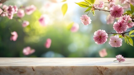 Aufkleber - Light pink cherry blossoms falling on a marble surface with bokeh background.