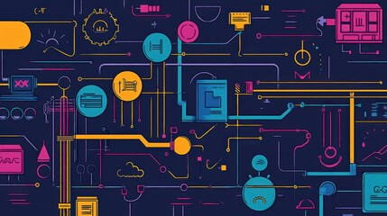 Abstract Colorful Network System Illustration Design: Interconnected Nodes and Circuits