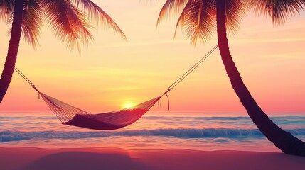 Wall Mural - getaway vacation idea. a serene sunset view with a hammock between palms, perfect for relaxation and