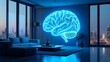 © tbcanvas11 - Futuristic luxury penthouse, floor-to-ceiling windows, panoramic city view at night, holographic neon blue brain projection, fire pit coffee table, and blue LED lighting Background.