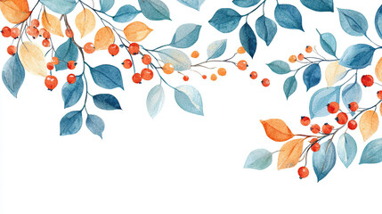 Wall Mural - Abstract Autumn Foliage Banner Background with Branches, Twigs, and Berries in Blue and Orange Colors, Isolated on White Background, Perfect for Fall, Seasonal, and Nature-Inspired Designs