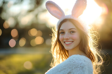 Happy young woman wearing easter rabbit headband with ears on background.