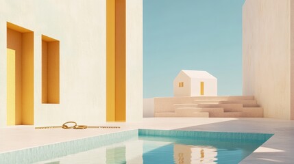 Wall Mural - A serene architectural scene featuring a pool, steps, and a small house under a clear sky.