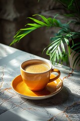 Wall Mural - Cup of coffee on yellow plate on marble counter