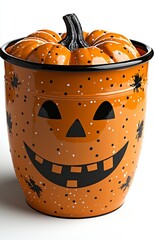 Wall Mural - Ideal for Halloween, the bright orange bucket complete with a jack-o'-lantern face is isolated on a transparent background