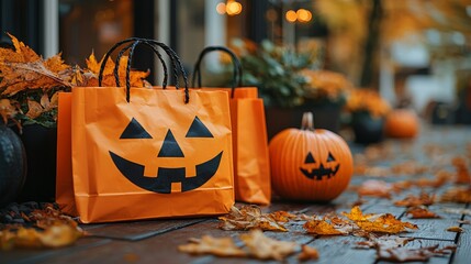 Wall Mural - On a wooden table, colorful Halloween pumpkins with carved faces are placed near a trick-or-treat bag and a lantern, filling the space with a festive autumn ambiance