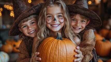 Wall Mural - Children dressed in Halloween costumes with painted faces and holding pumpkins