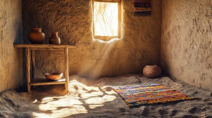 Wall Mural - A rustic village room with mud walls, a small wooden table, and a clay lamp on a shelf. The floor is made of rough, uneven earth.