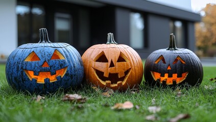 Wall Mural - Three pumpkins carved into shapes rest on a verdant lawn in front of a house, indicating Halloween decor