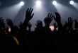 © vchalup - Silhouettes of hands raised up at concert during music festival.
