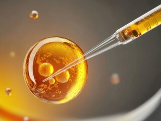 A close-up of a glass pipette extracting a golden liquid from a translucent bubble, evoking a sense of science and purity.