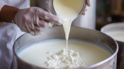 Aufkleber - A worker utilizes advanced ai tools to optimize the production line. In a busy dairy processing facility, milk is carefully poured into a container, ensuring precision in the cheese-making process.