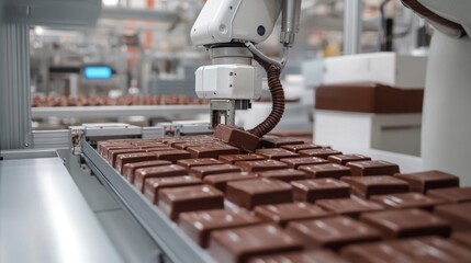 Aufkleber - A robotic arm is actively sorting and placing chocolate bars on a busy food production line. The setting is a modern manufacturing facility designed for efficient processing and packaging.