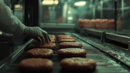 Poster - In a busy food production facility, a worker meticulously places burger patties on a conveyor belt. The environment showcases advanced technology and efficient production methods focused on quality.