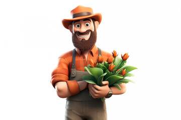 3D illustration of gardener with orange hat holding a bouquet of orange flowers on a white background. Image created with AI