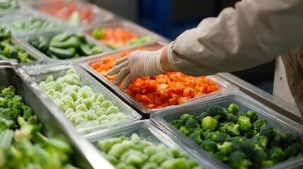 Leinwandbilder - Workers at a food production facility sort and prepare vegetables, ensuring quality and freshness. The use of AI technology streamlines the process, improving efficiency in vegetable handling.