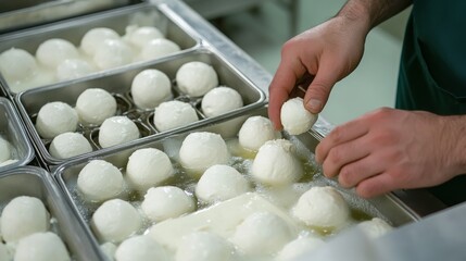 Poster - In a bustling food production facility, skilled workers use advanced technology to shape and package fresh cheese balls.
