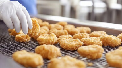 Aufkleber - A worker in a food production facility carefully picks up golden fried chicken nuggets from a conveyor belt.